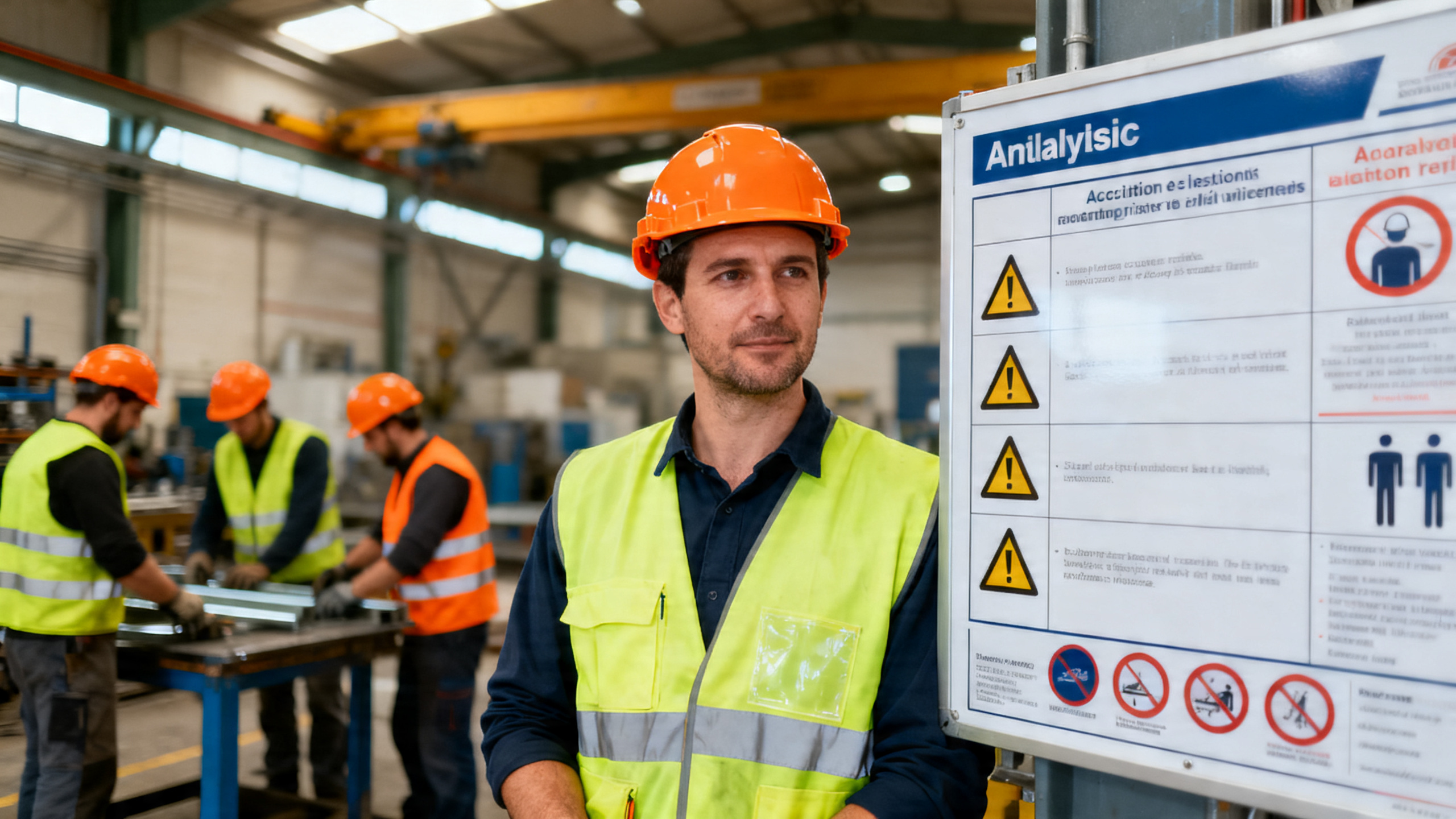 Atelier industriel français avec ouvriers en EPI devant un panneau d'analyse des risques accidents du travail