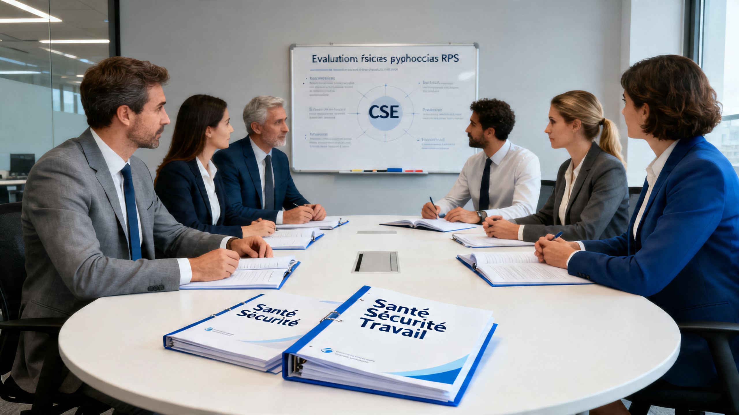 Réunion de CSE en entreprise française avec présentation d'une méthodologie d'évaluation des risques psychosociaux