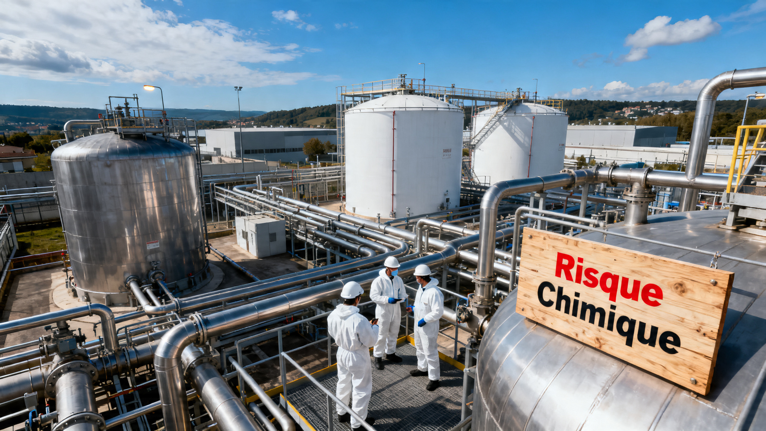 Site de production chimique dans la Vallée de la Chimie au sud de Lyon avec ouvriers en EPI