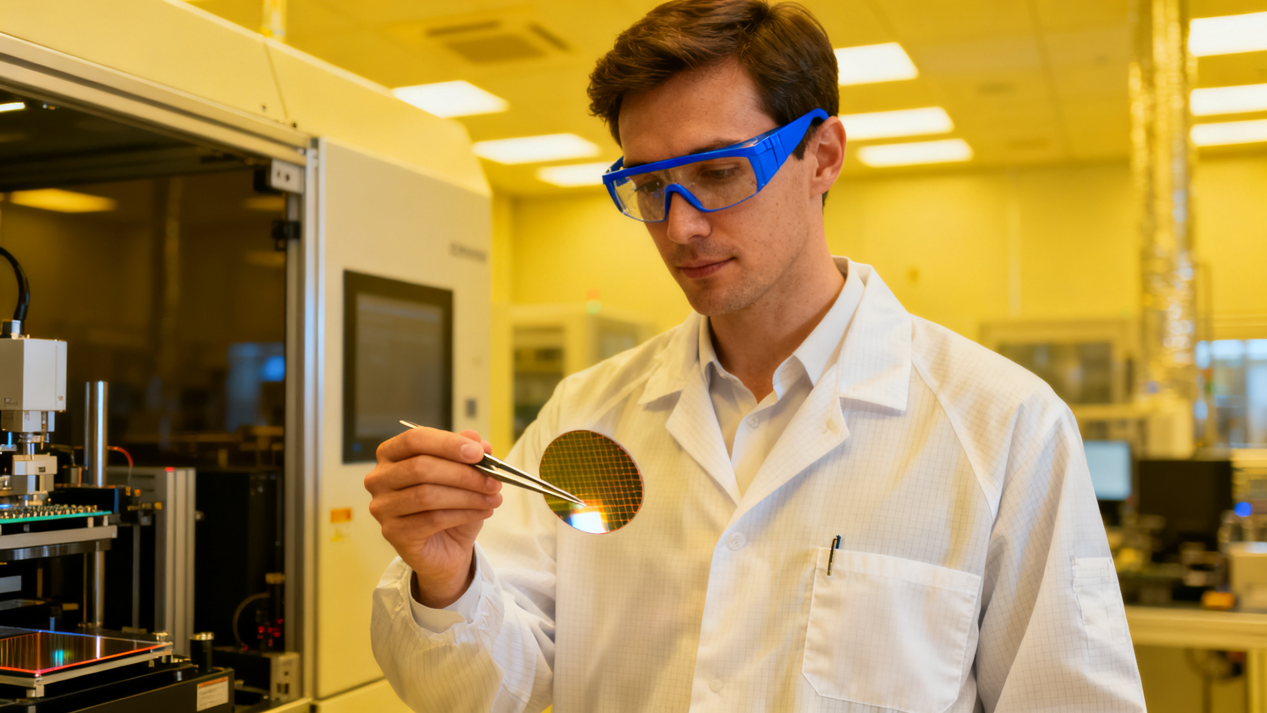 Ingénieur en blouse blanche dans un laboratoire de microélectronique grenoblois manipulant un wafer en salle blanche